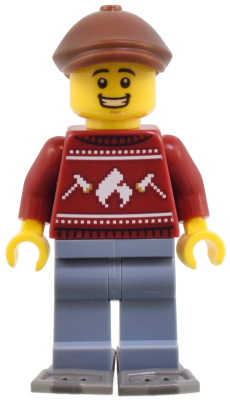 Minifig cty1822 - Man - Dark Red Holiday Sweater, Sand Blue Legs, Reddish Brown Flat Cap, Dark Bluish Gray Snowshoes