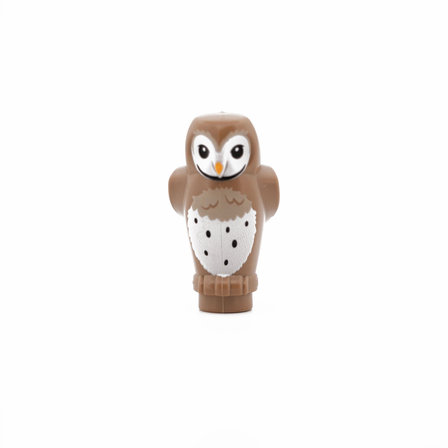 Dark Tan Owl, Angular Features with Bright Light Orange Beak, Black Eyes, and Tan and White Chest Feathers Pattern