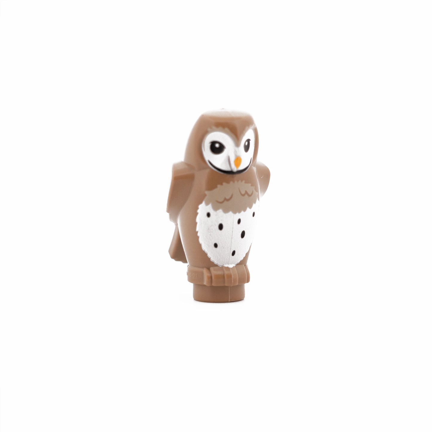 Dark Tan Owl, Angular Features with Bright Light Orange Beak, Black Eyes, and Tan and White Chest Feathers Pattern