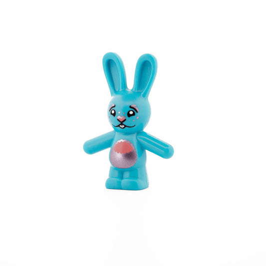Medium Azure Bunny / Rabbit Standing with Coral and Metallic Pink Nose and Stomach, Dots and Stars on Face, White Teeth Pattern (Bunchu)