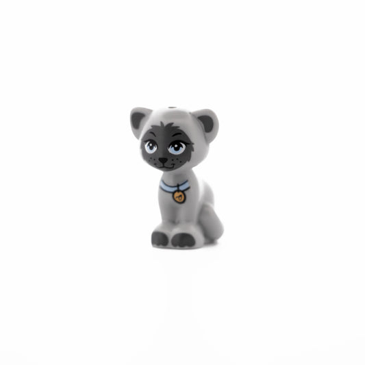 Light Bluish Gray Cat, Friends Style, Sitting with Bright Light Blue Eyes and Collar with Gold Tag, Black Nose, Dark Bluish Gray Inner Ears, Patch and Paws Pattern (Gertrude)
