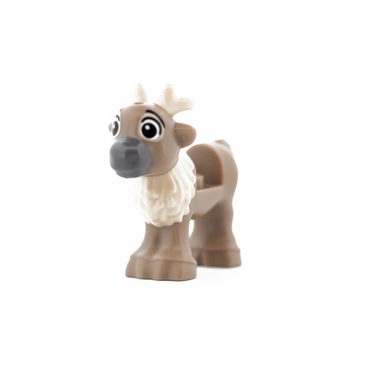 Dark Tan Reindeer, Fawn with Molded Short Tan Antlers and Fur and Printed Black Eyes and Eyebrows, Tan Patches and Dark Bluish Gray Muzzle Pattern