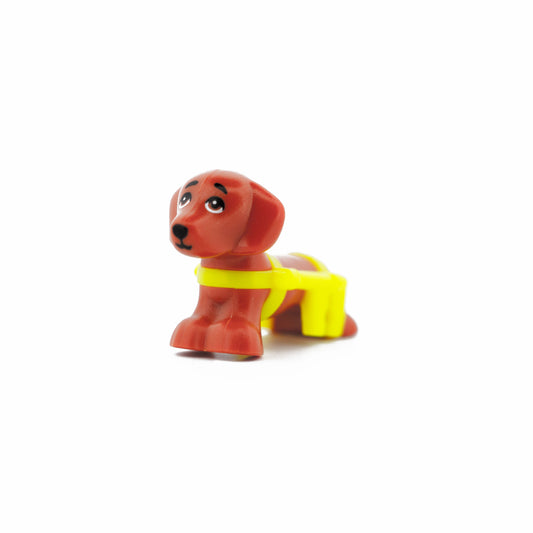 Dark Orange Dog, Friends Style, Dachshund with Molded Neon Yellow Wheelchair Harness and Printed Eyes and Black Nose Pattern (Pickle)
