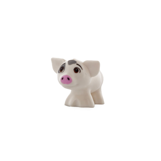 White Pig, Friends Style with Black Eyebrows, Reddish Brown Eyes Looking Up, Bright Pink Nose, and Dark Bluish Gray Smooth Spots Pattern (Disney Pua)
