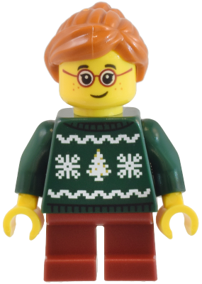 Minifig cty1821 - Child - Girl, Dark Green Holiday Sweater, Dark Red Short Legs, Dark Orange Hair