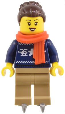 Minifig cty1824 - Woman - Dark Blue Holiday Sweater, Dark Tan Legs, Dark Brown Hair with Bun, Red Scarf, Ice Skates