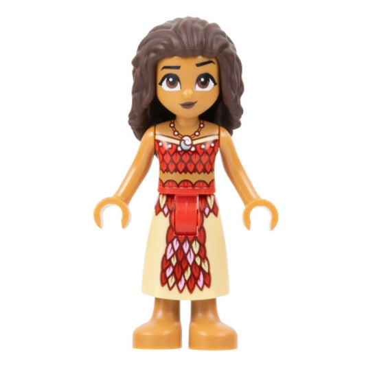 Moana (Medium Nougat) - Mini Doll, Dark Red and Red Strapless Top, Tan Long Skirt with Feathers, Dark Brown Hair