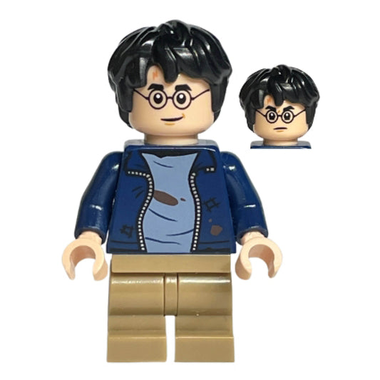 Harry Potter - Dark Blue Open Jacket over Sand Blue Shirt with Dirt Stains, Dark Tan Medium Legs, Grin / Stern
